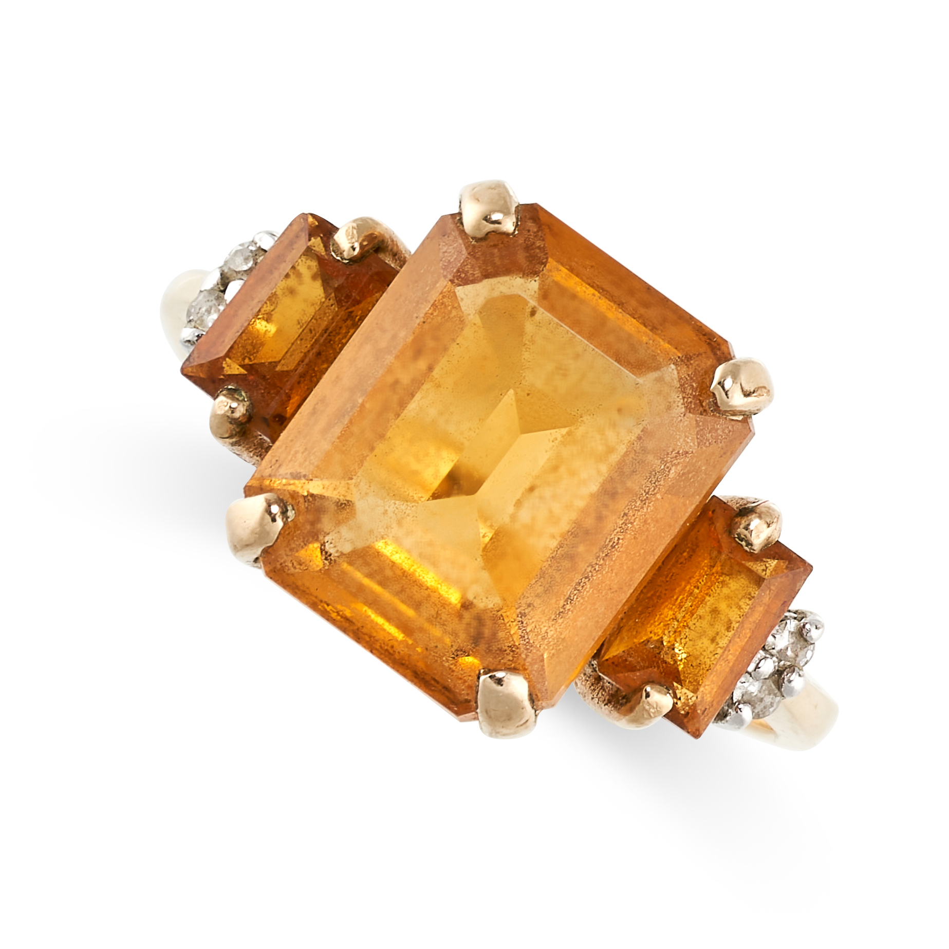 NO RESERVE - A VINTAGE CITRINE AND DIAMOND RING  Made in 9 carat yellow gold  Octagonal and