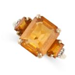 NO RESERVE - A VINTAGE CITRINE AND DIAMOND RING  Made in 9 carat yellow gold  Octagonal and
