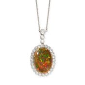 NO RESERVE - A BLACK OPAL AND DIAMOND PENDANT NECKLACE  Made in platinum  Oval cabochon black opal