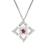 NO RESERVE - A VINTAGE RUBY AND DIAMOND PENDANT AND CHAIN  Made in 18 carat white gold  Circular cut