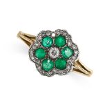 NO RESERVE - AN EMERALD AND DIAMOND CLUSTER RING  Made in yellow gold and silver  Old European