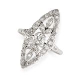 NO RESERVE - A DIAMOND DRESS RING  Made in platinum, navette shaped face with openwork foliate