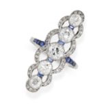 NO RESERVE - A FINE ART DECO DIAMOND AND SAPPHIRE RING  Made in platinum  Principal old European