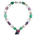 NO RESERVE - AN EMERALD, SAPPHIRE, RUBY, DIAMOND AND PEARL NECKLACE  Made in silver  Six tumbled