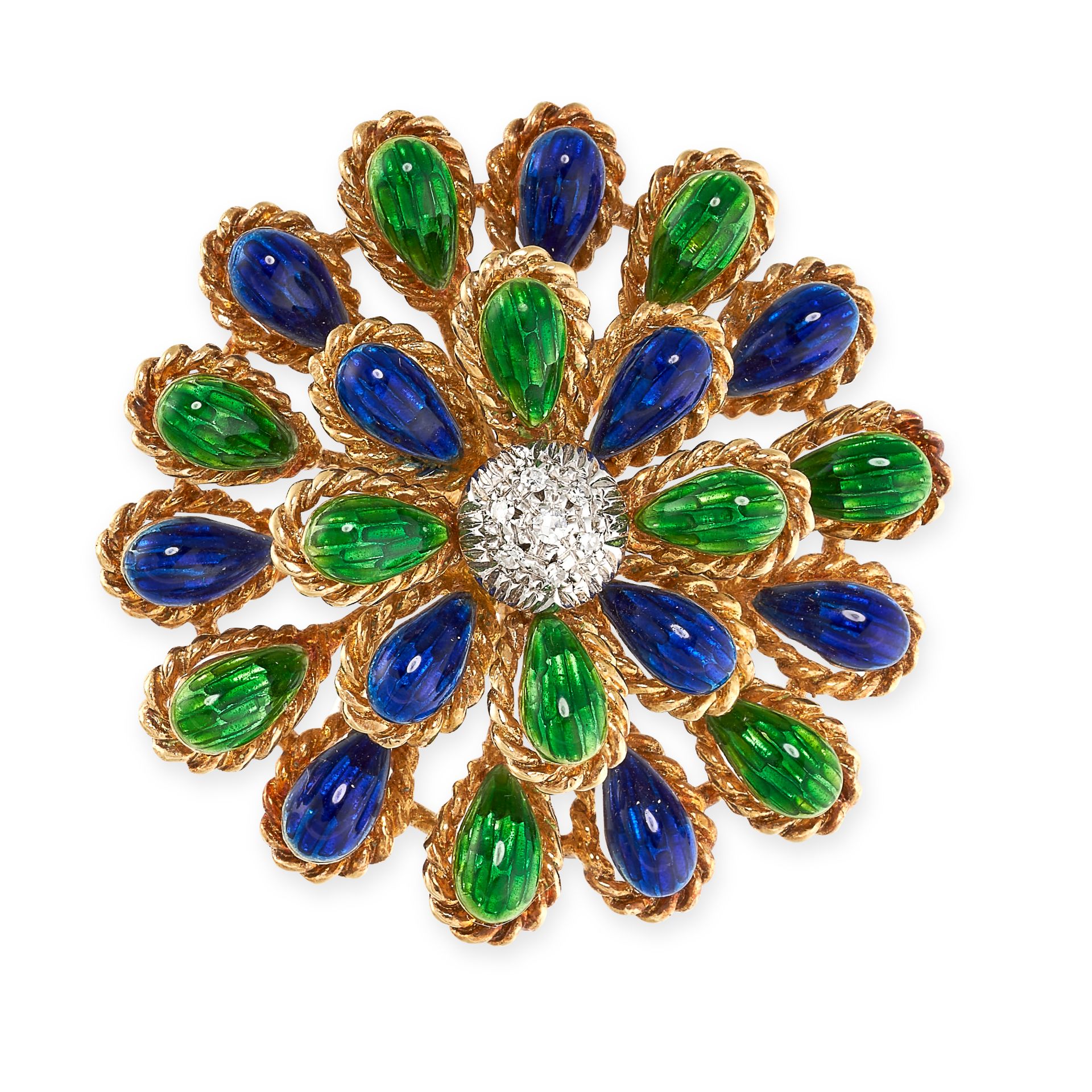 NO RESERVE - A DIAMOND AND ENAMEL BROOCH  Made in 18 carat yellow gold, designed as a flower, the