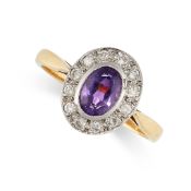 NO RESERVE - AN AMETHYST AND DIAMOND CLUSTER RING  Made in 18 carat yellow gold  Oval cut