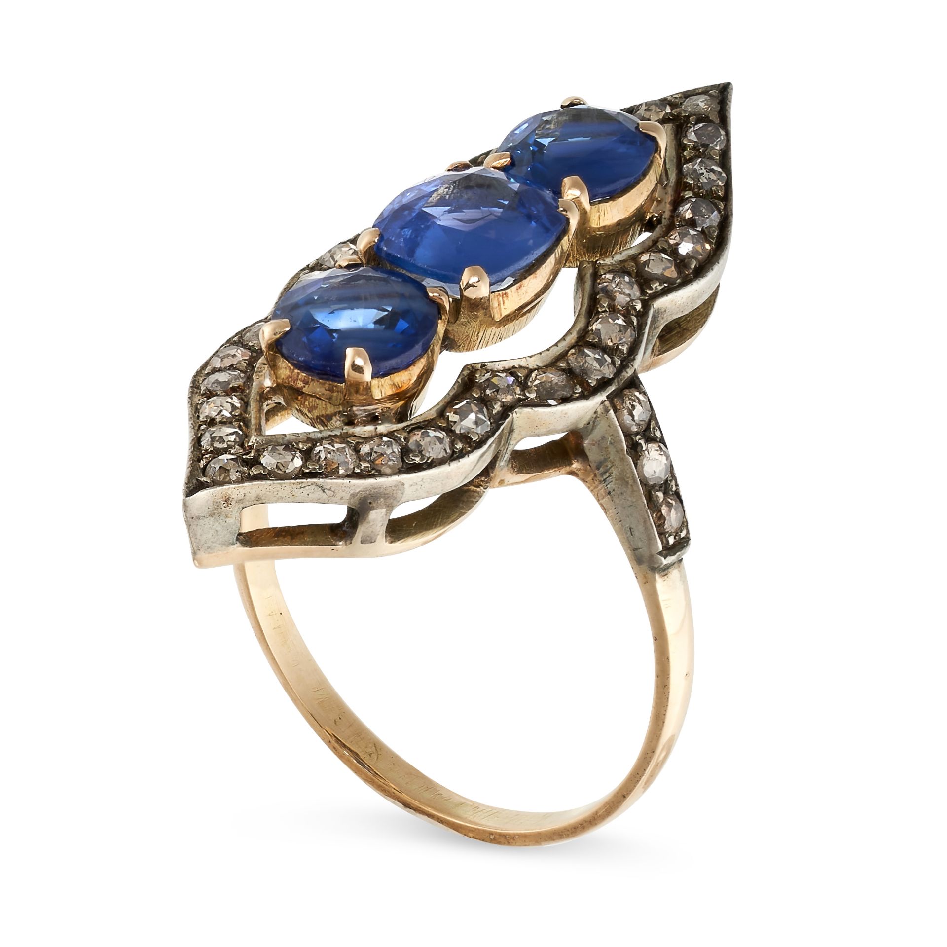 NO RESERVE - A SAPPHIRE AND DIAMOND DRESS RING  Cushion cut and oval cut blue sapphires, approximate - Image 2 of 2