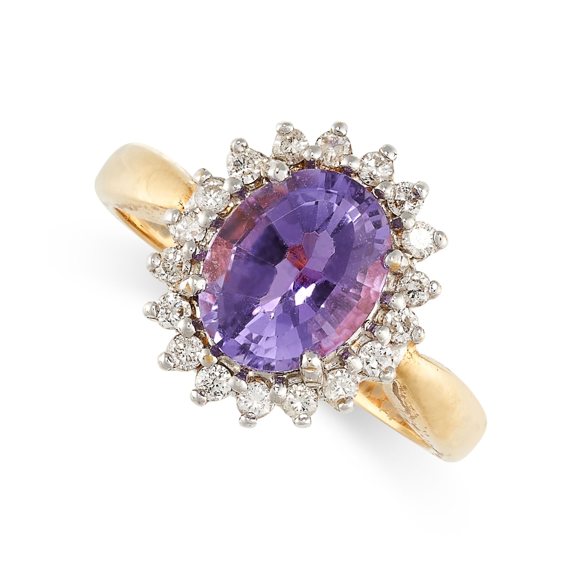 NO RESERVE - AN AMETHYST AND DIAMOND CLUSTER RING  Made in 18 carat yellow gold  Oval cut amethyst