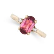 NO RESERVE - A PINK TOURMALINE AND DIAMOND THREE STONE RING  Made in 9 carat yellow gold  Oval cut
