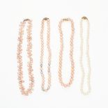 A MIXED LOT OF PEARL NECKLACES comprising of a single row of white pearls, two single rows of pink