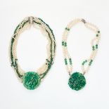 TWO PEARL, AVENTURINE QUARTZ AND JADEITE JADE NECKLACES comprising of two necklaces set with