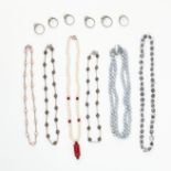AN ASSORTED LOT OF JEWELLERY comprising of six pearl necklaces and six pearl rings, some stamped