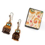 A PAIR OF TIGERS EYE AND TURQUOISE OWL EARRINGS each comprising of a carved tigers eye owl, the eyes