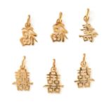 A MIXED LOT OF PENDANTS comprising of six Chinese character pendants, stamped 18K, 1.9cm, 5.6g.