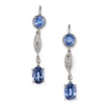 A PAIR OF SAPPHIRE AND DIAMOND DROP EARRINGS  Hook fittings  Circular and oval-cut sapphires,