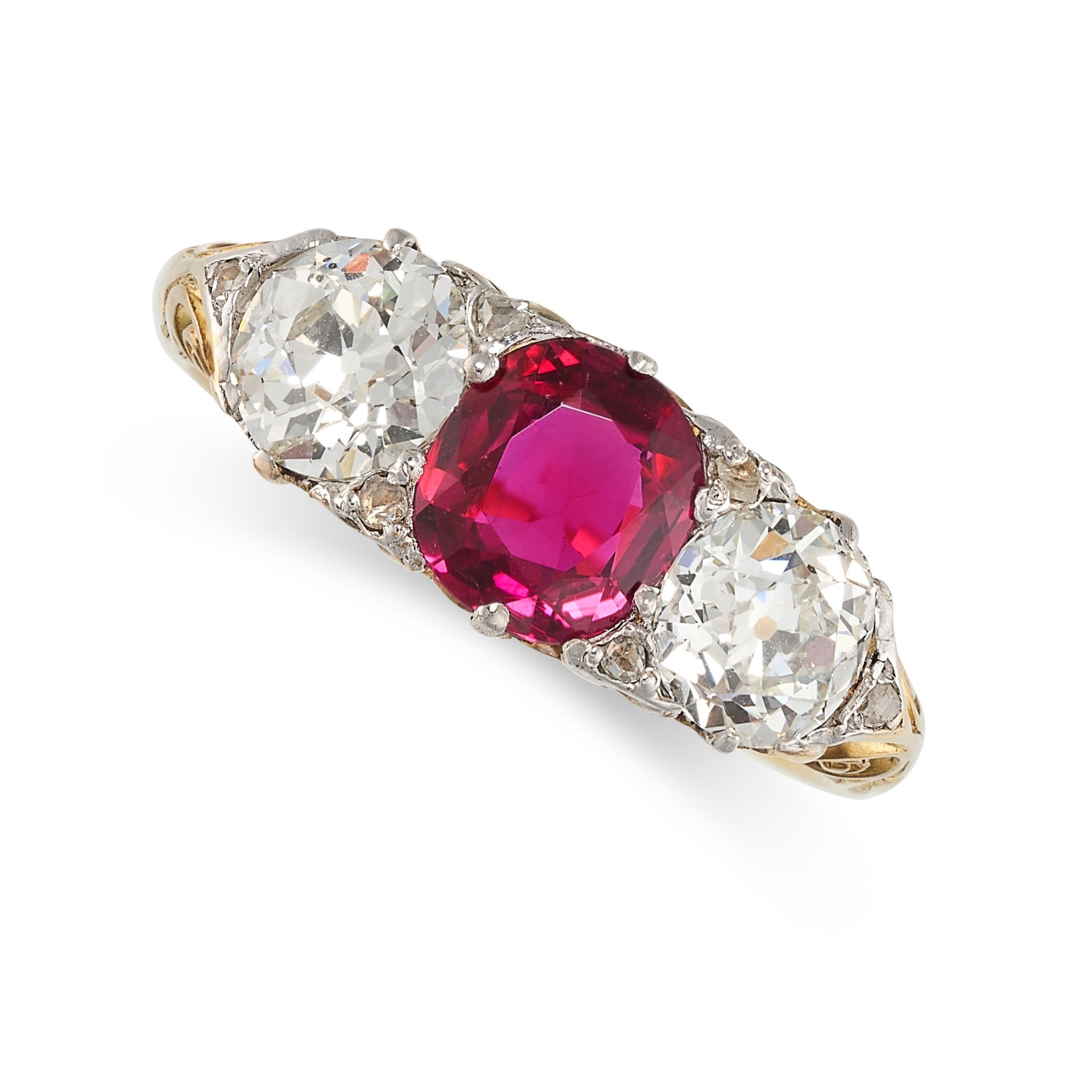 AN UNHEATED RUBY AND DIAMOND RING  A cushion-cut ruby, 1.12 carats Gemmological report, Thai origin,