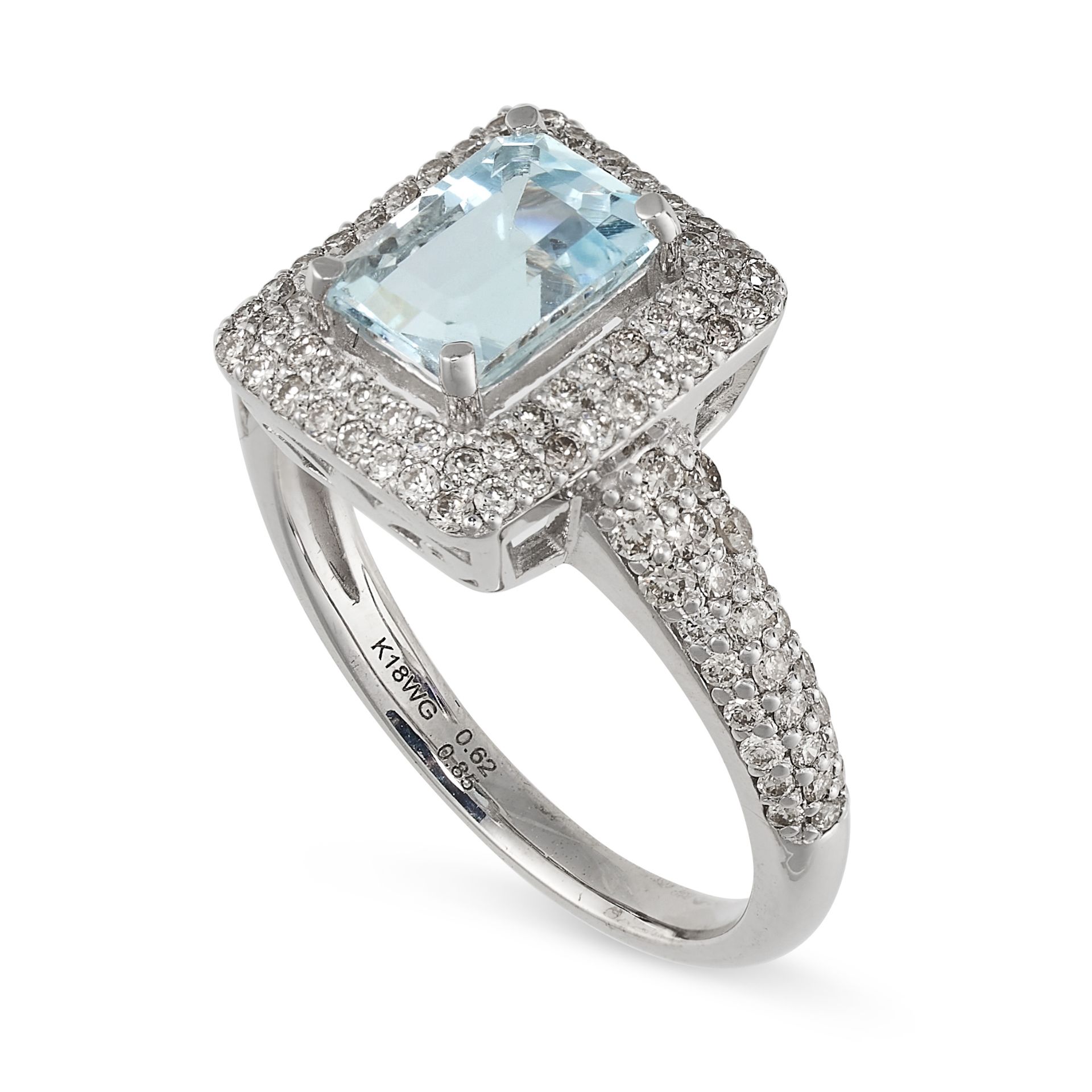 AN AQUAMARINE AND DIAMOND CLUSTER RING  Step-cut aquamarine, 0.85 carats  Brilliant-cut diamonds, - Image 2 of 2