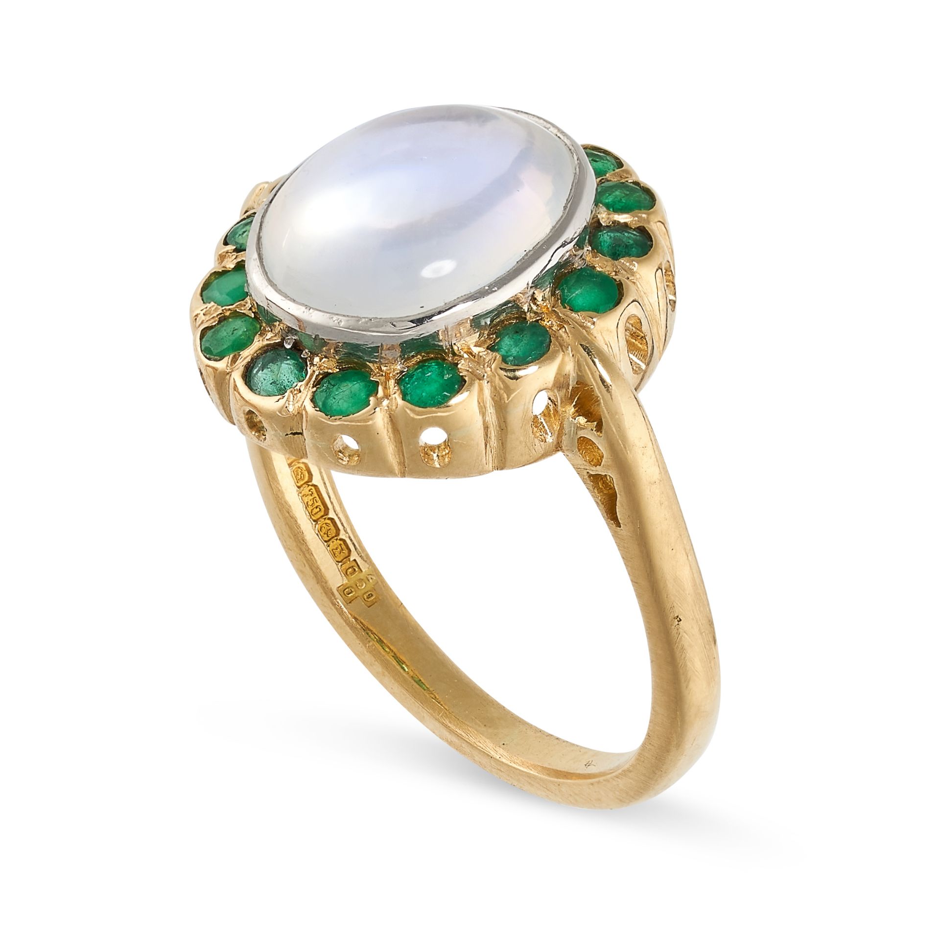 A MOONSTONE AND EMERALD CLUSTER RING  Cabochon moonstone  Circular-cut emeralds  British hallmarks - Image 2 of 2