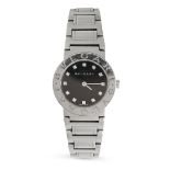 BULGARI, LADY'S STAINLESS STEEL AND DIAMOND BVLGARI WRISTWATCH  Black dial  Quartz movement