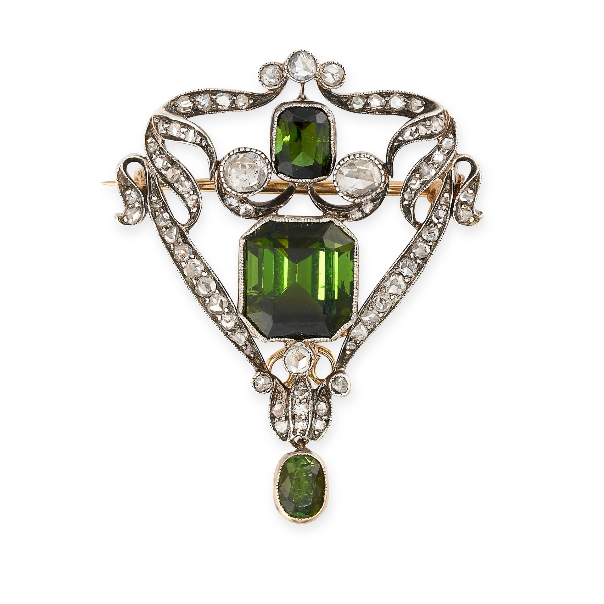 AN ANTIQUE TOURMALINE AND DIAMOND BROOCH, CIRCA 1900 Ribbon motifs  Step-cut green tourmaline,