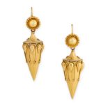 A PAIR OF ANTIQUE ETRUSCAN REVIVAL GOLD DROP EARRINGS, MID 19TH CENTURY Hook fittings, wirework