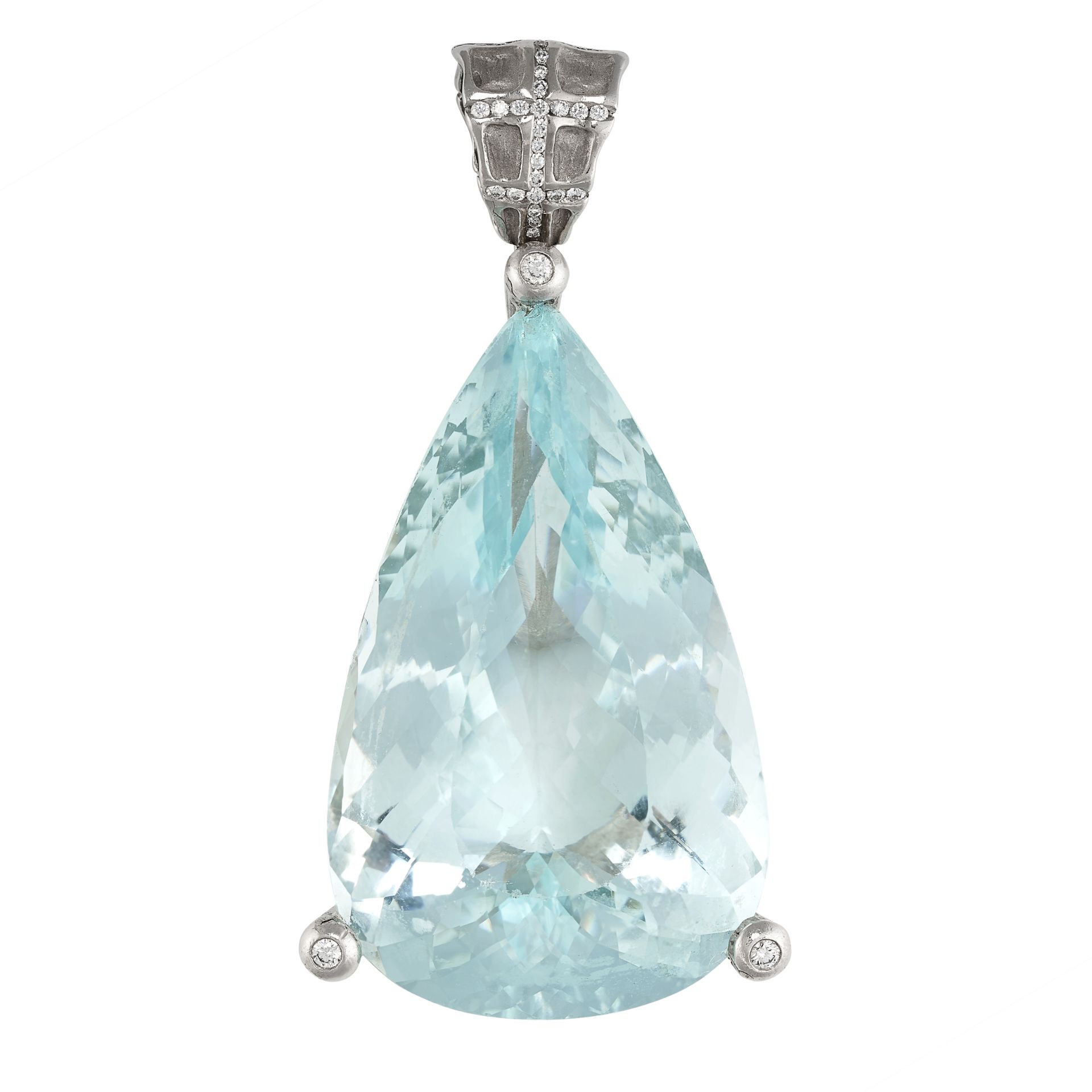 A LARGE PEAR-SHAPED AQUAMARINE AND DIAMOND PENDANT Pear-shaped aquamarine, approximately 150.00