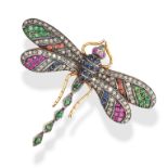 A GEM-SET AND DIAMOND DRAGONFLY BROOCH  Circular-cut diamonds, sapphires, rubies, garnets  No