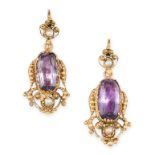 A PAIR OF ANTIQUE AMETHYST AND PEARL EARRINGS, MID 19TH CENTURY Hook fittings  Foil backed cushion-