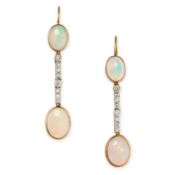 A PAIR OF OPAL AND DIAMOND EARRINGS  Hook fittings  Cabochon opals  Brilliant-cut diamonds  No assay