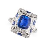 AN ART DECO BURMA NO HEAT SAPPHIRE AND DIAMOND RING  Cushion-shaped sapphire, 2.85 carats