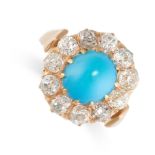 AN ANTIQUE TURQUOISE AND DIAMOND CLUSTER RING Cabochon turquoise  Cushion shaped diamonds,