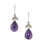 A PAIR OF AMETHYST AND DIAMOND EARRINGS  Hook fittings Pear cabochon amethysts  Rose-cut diamonds