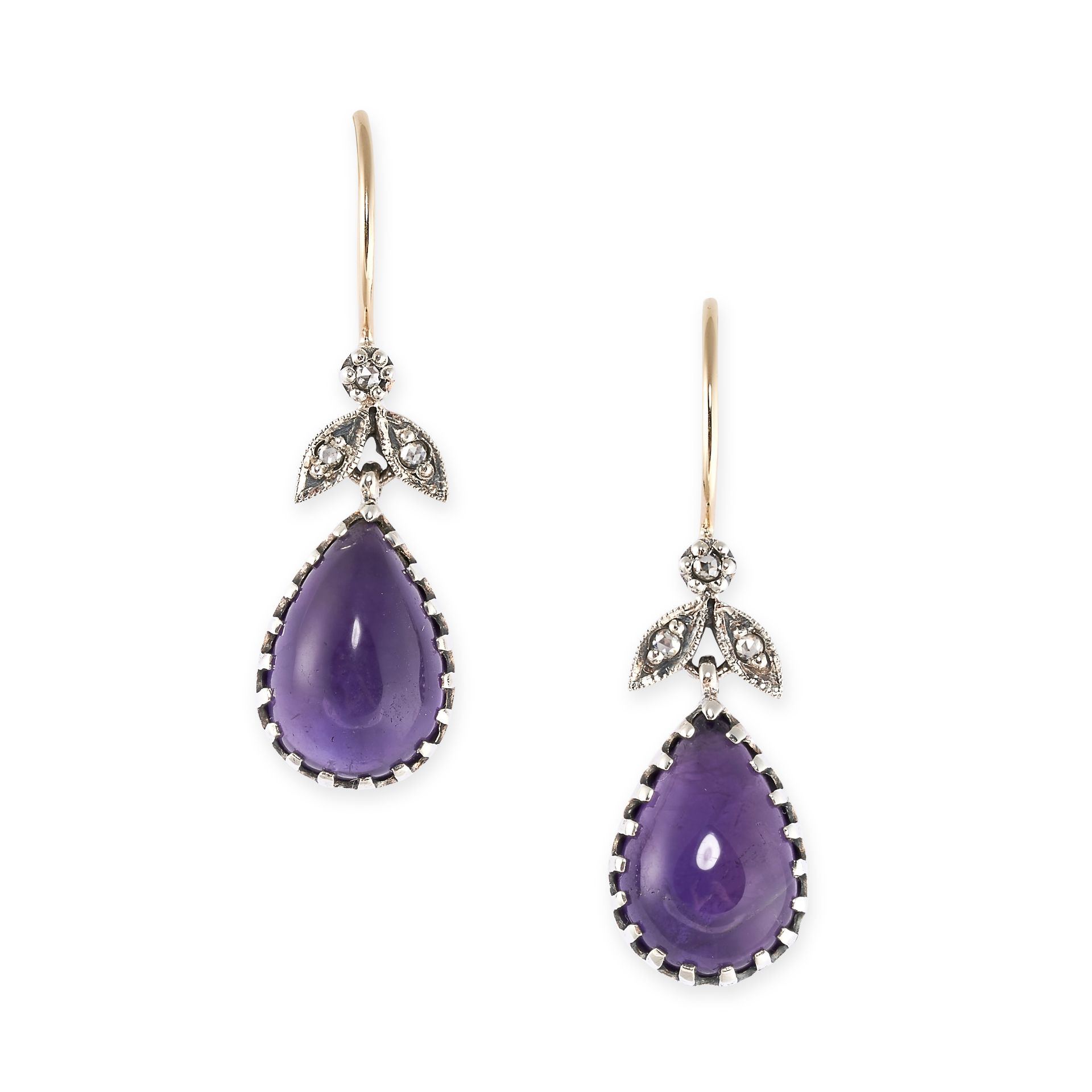 A PAIR OF AMETHYST AND DIAMOND EARRINGS  Hook fittings Pear cabochon amethysts  Rose-cut diamonds