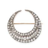 AN ANTIQUE DIAMOND CRESCENT MOON BROOCH, LATE 19TH CENTURY Cushion shaped and rose-cut diamonds,