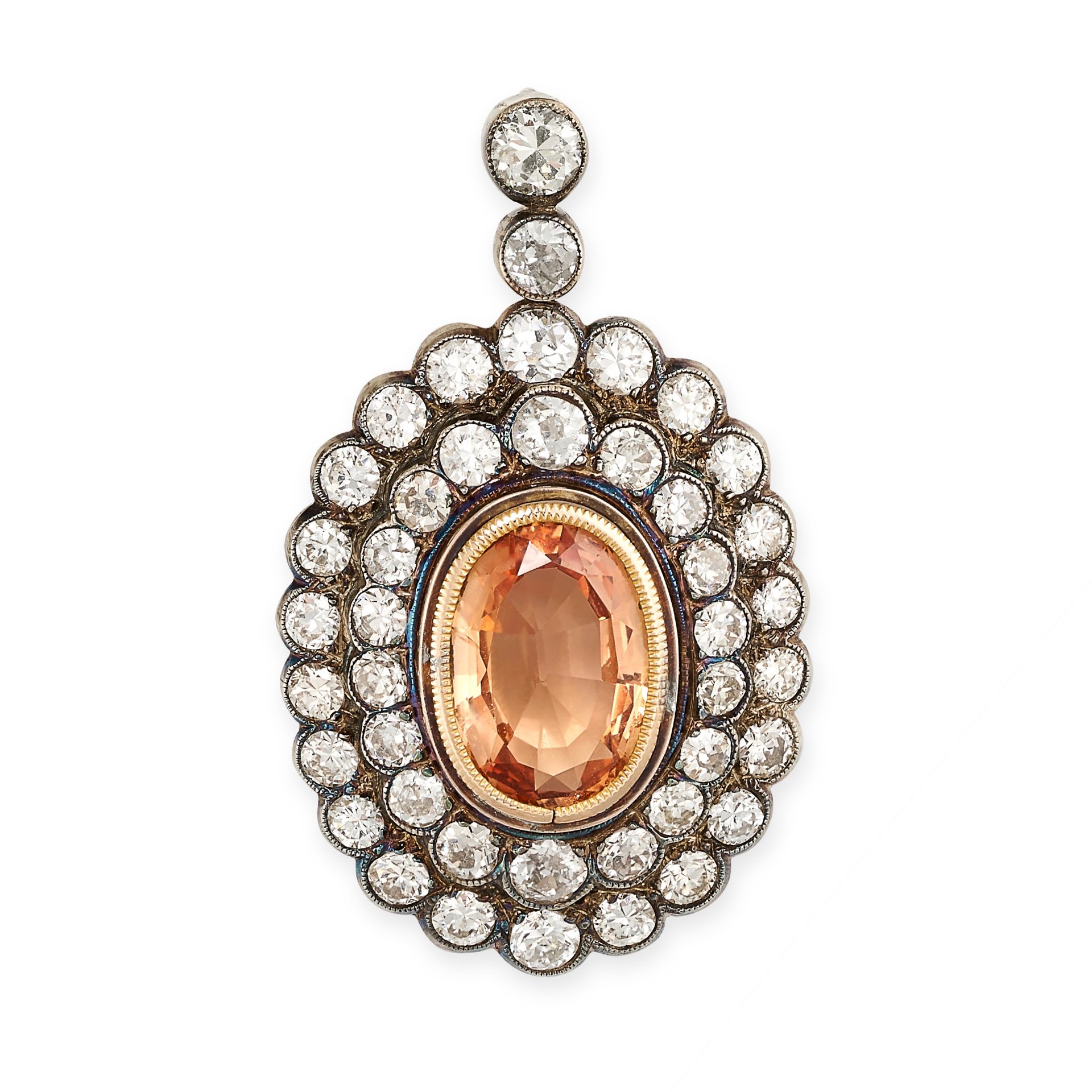AN IMPERIAL TOPAZ AND DIAMOND OVAL CLUSTER PENDANT Millegrain borders Oval imperial topaz,