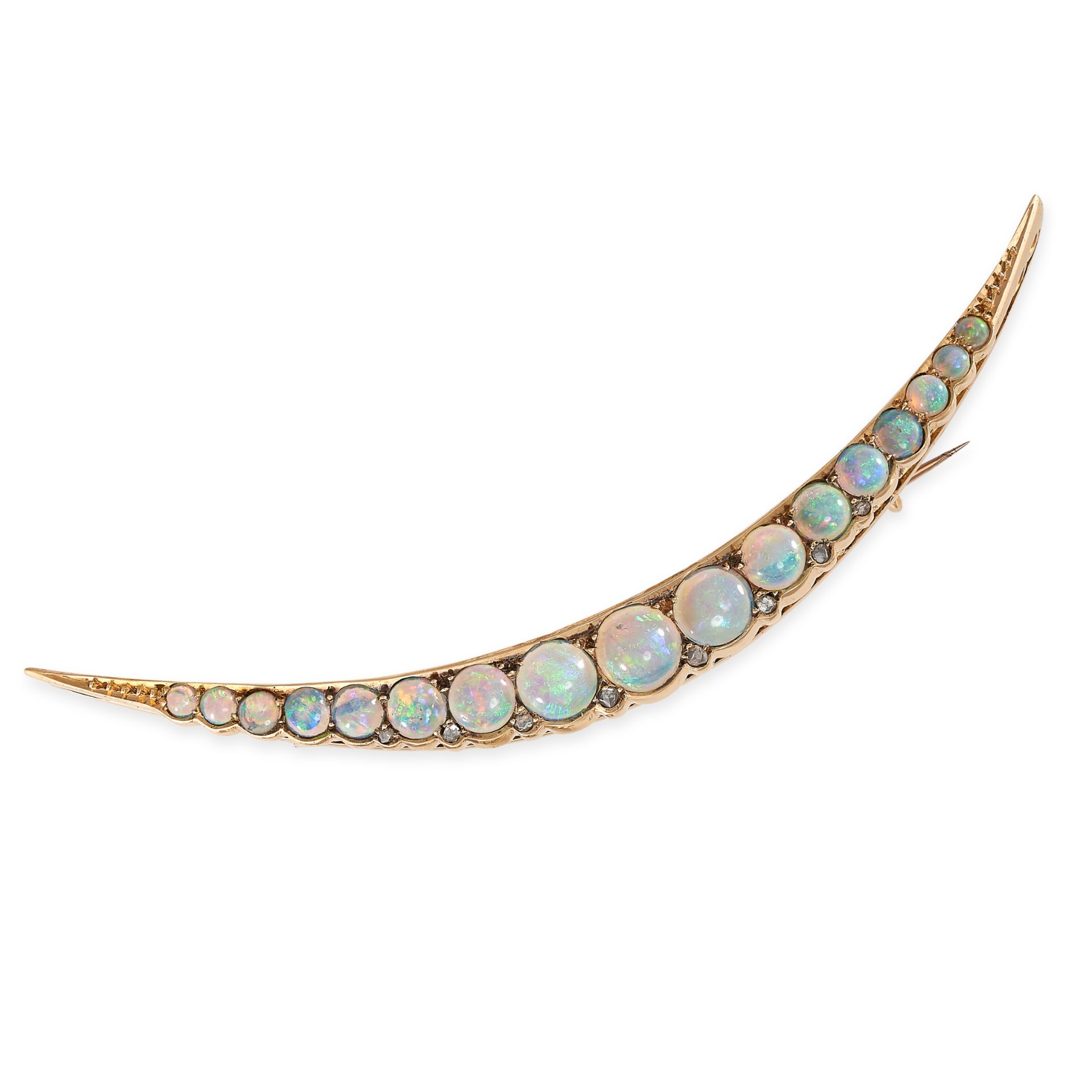 AN ANTIQUE VICTORIAN OPAL AND DIAMOND CRESCENT MOON BROOCH, LATE 19TH CENTURY Cabochon opals  Rose-