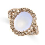 A MOONSTONE AND DIAMOND CLUSTER RING  Cabochon moonstone, approximately 2.66 carats  Rose-cut