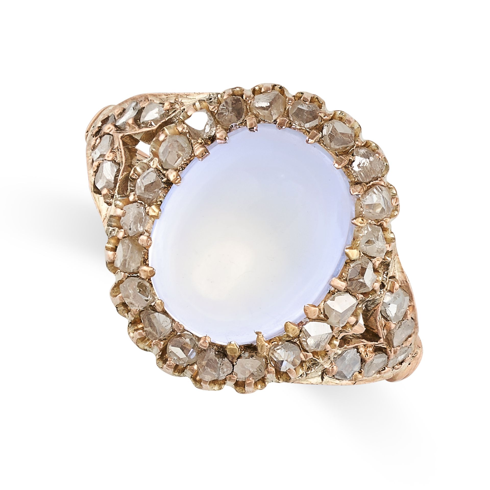 A MOONSTONE AND DIAMOND CLUSTER RING  Cabochon moonstone, approximately 2.66 carats  Rose-cut