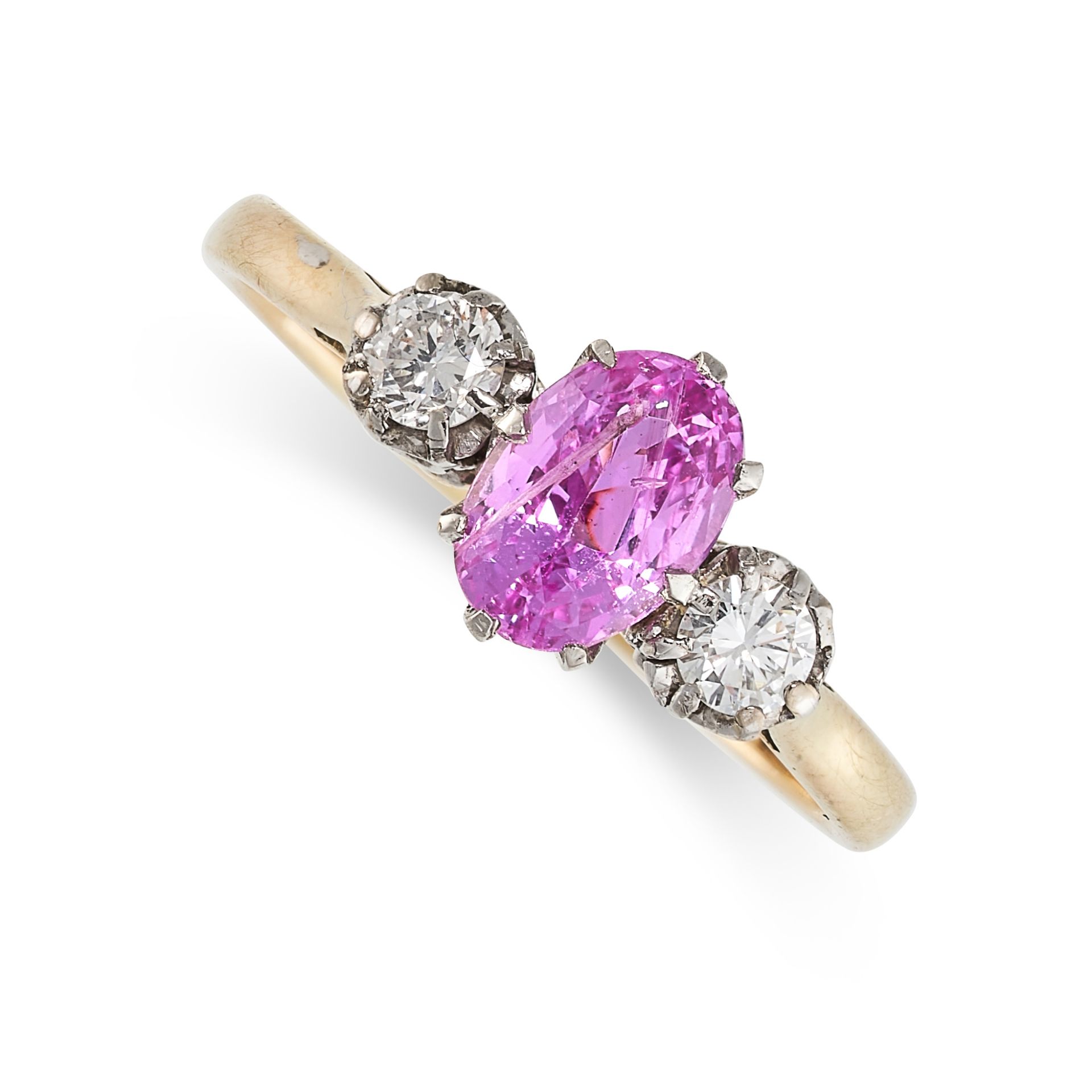 A PINK SAPPHIRE AND DIAMOND THREE-STONE RING  Oval-cut pink sapphire, approximately 1.01 carats