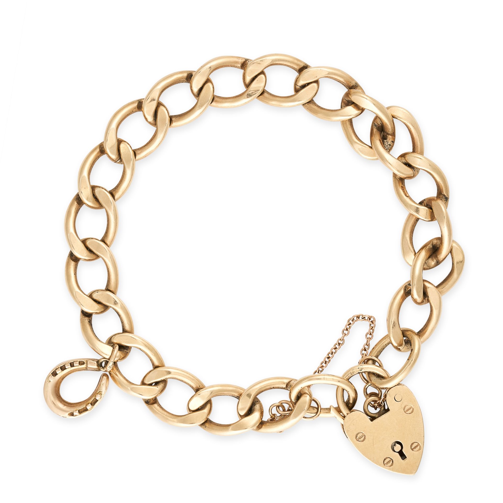 A GOLD CURB LINK CHARM BRACELET, 1960S Heart padlock  Horseshoe charm  British hallmarks for 9 carat