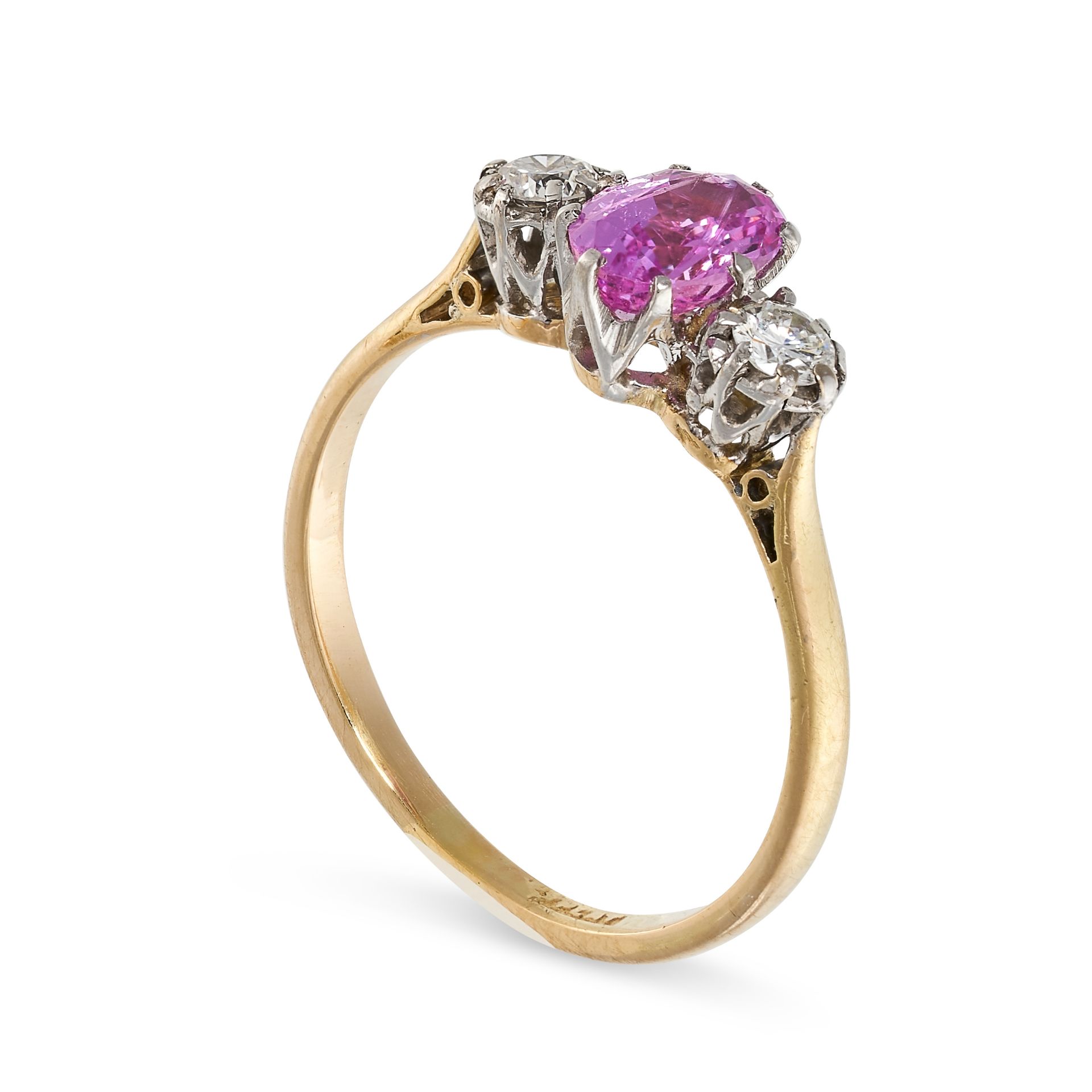 A PINK SAPPHIRE AND DIAMOND THREE-STONE RING  Oval-cut pink sapphire, approximately 1.01 carats - Image 2 of 2