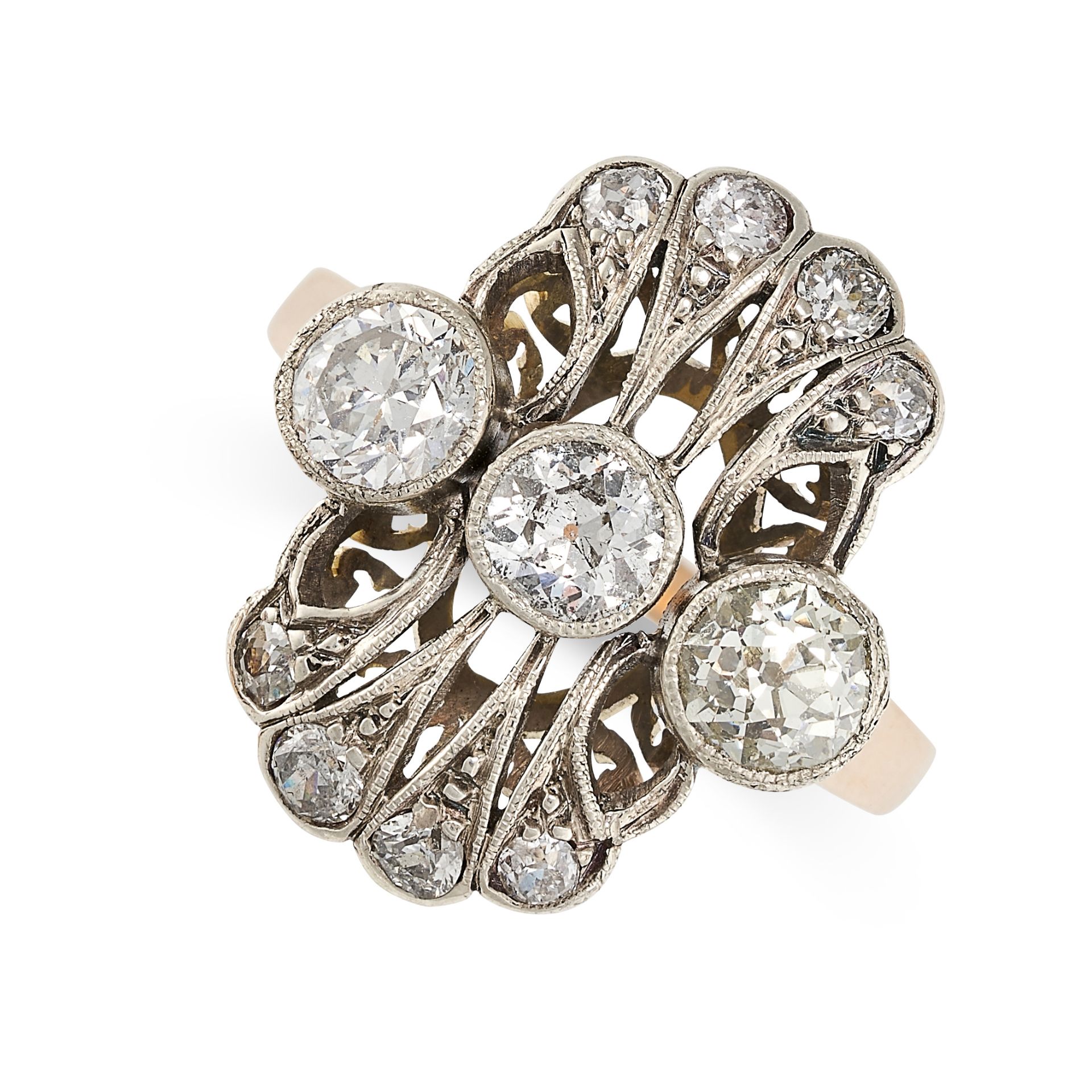 A BELLE EPOQUE DIAMOND DRESS RING  Scrolling design  Cushion shaped and circular-cut diamonds,