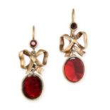 A PAIR OF ANTIQUE GARNET EARRINGS  Hook fittings, ribbon bow design Foil-backed flat-cut garnets  No