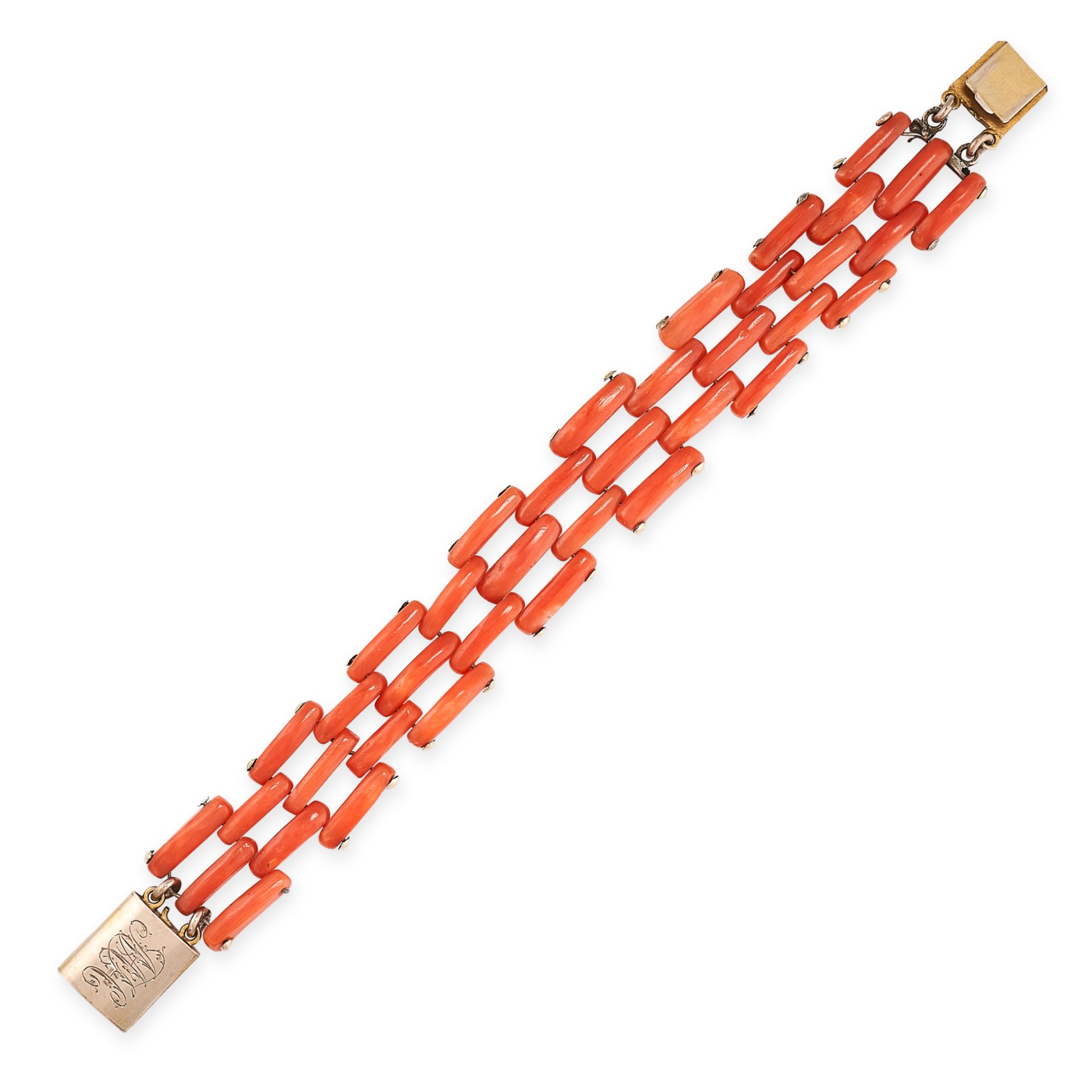 AN ANTIQUE CORAL GATE BRACELET, 19TH CENTURY  Polished coral  Inscribed 'MH'  No assay marks  Length