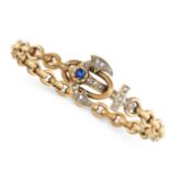 AN ANTIQUE SAPPHIRE AND DIAMOND CHAIN AND ANCHOR BANGLE, LATE 19TH CENTURY Cushion-shaped