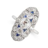 AN ART DECO DIAMOND AND SAPPHIRE RING, EARLY 20TH CENTURY Cushion-shaped and rose-cut diamonds,