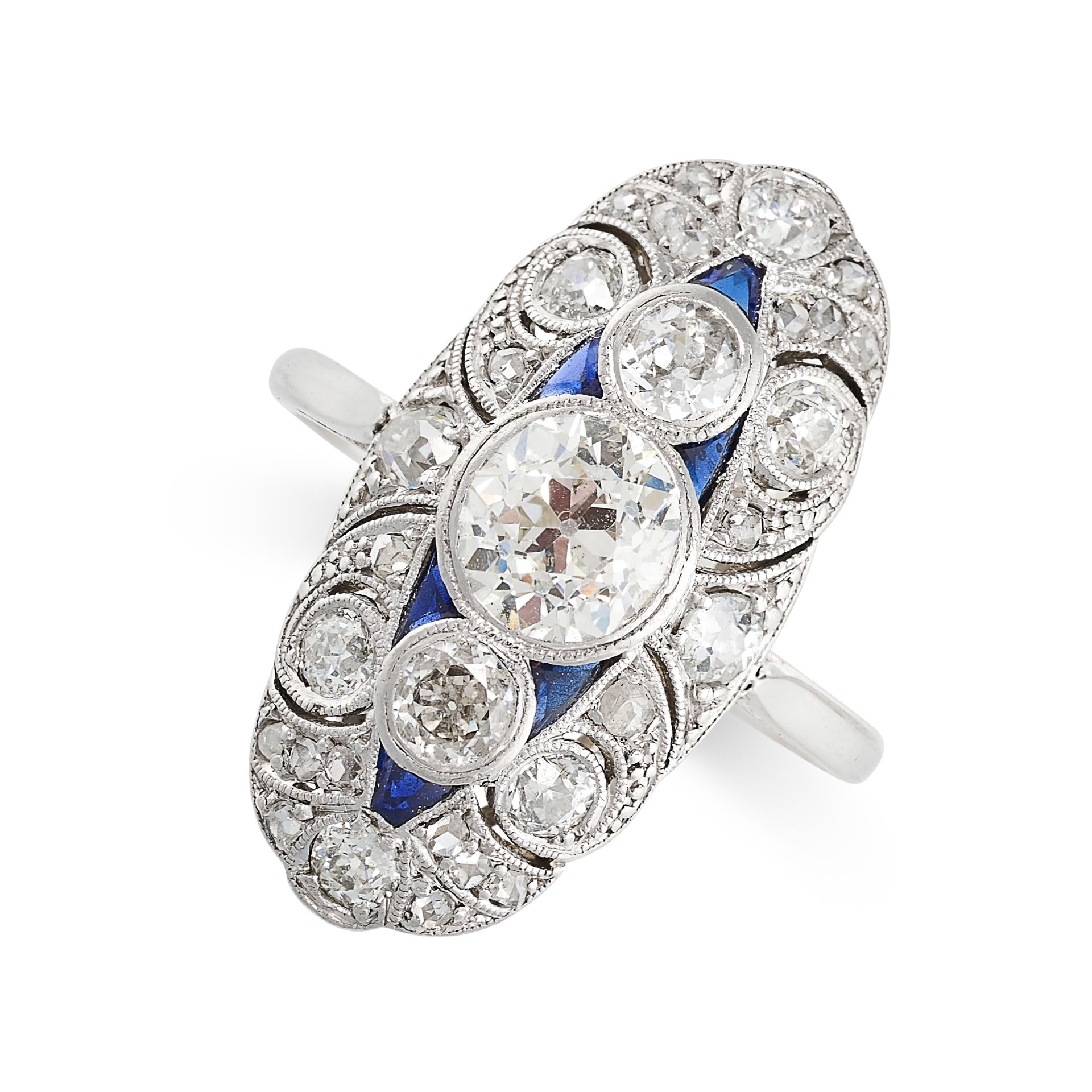 AN ART DECO DIAMOND AND SAPPHIRE RING, EARLY 20TH CENTURY Cushion-shaped and rose-cut diamonds,
