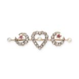 AN ANTIQUE DIAMOND, RUBY AND PEARL CRESCENT MOON AND HEART BROOCH, LATE 19TH CENTURY Rose-cut