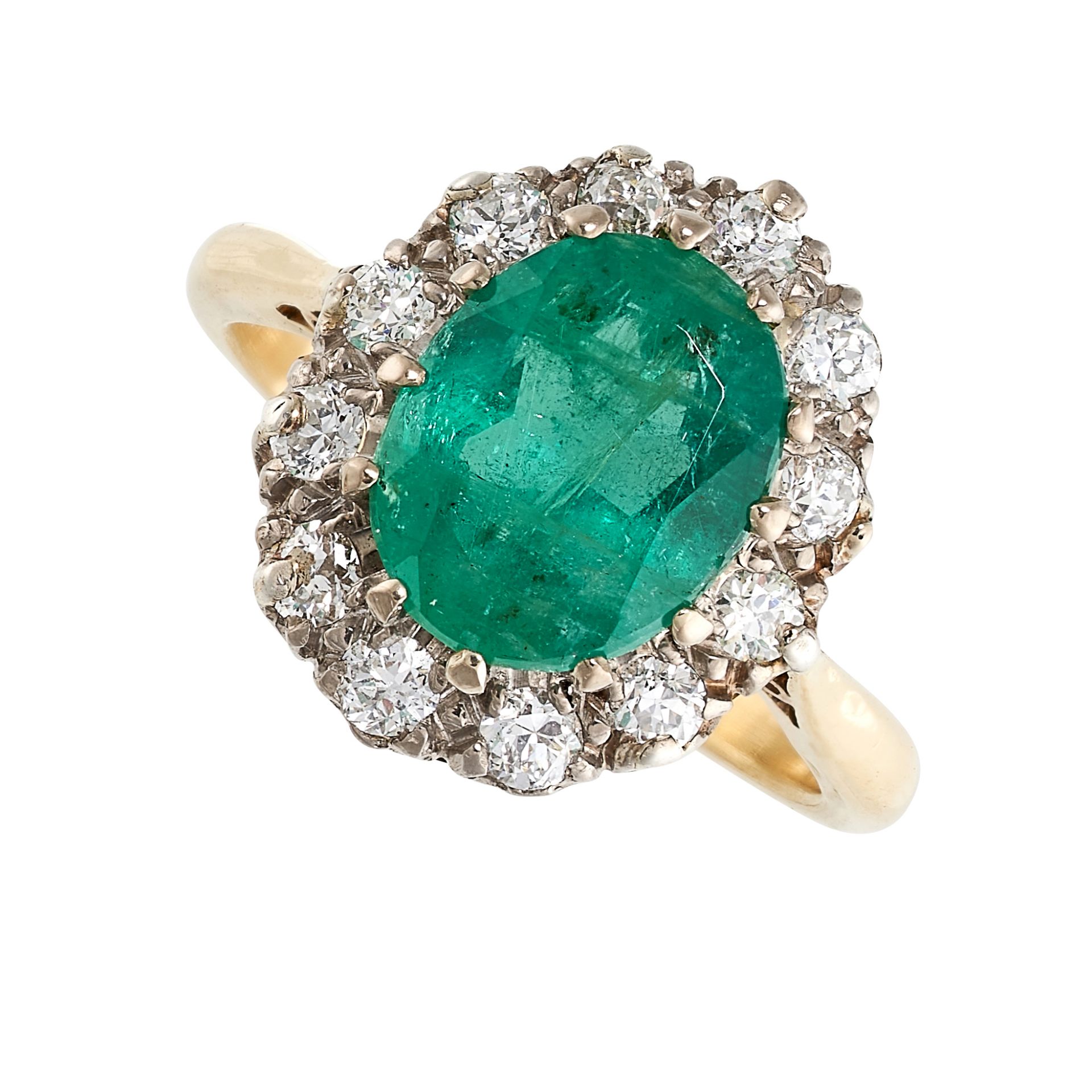 AN EMERALD AND DIAMOND CLUSTER RING  Oval emerald, approximately 2.42 carats  Brilliant-cut diamonds