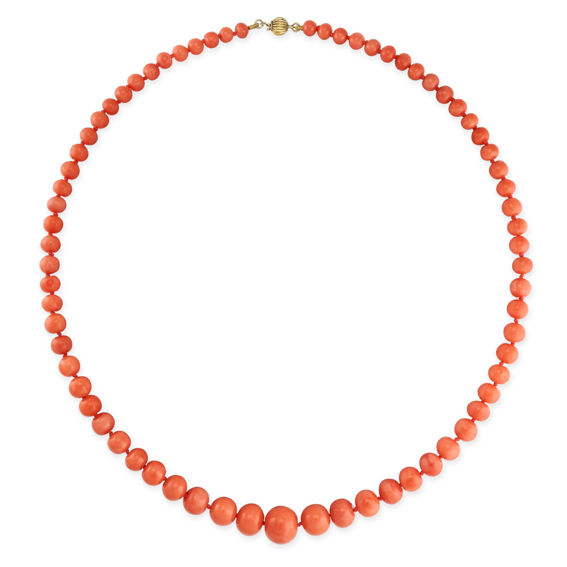 A CORAL BEAD NECKLACE  Polished coral, 5.2mm to 11.7mm  Stamped 750  Length 470mm  29.7 grams